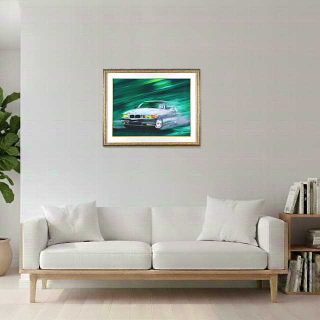 ヴィクトール・スパン　Victor SPAHN 「BMW」　オリジナル・リトグラフ 　　絵を飾ったイメージ リビングルーム