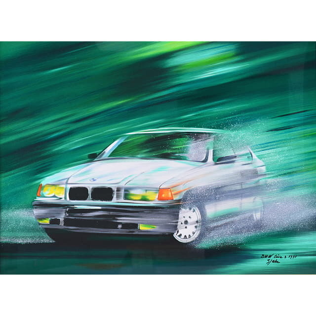 ヴィクトール・スパン　Victor SPAHN 「BMW」　オリジナル・リトグラフ　BMW３シリーズ　E36を描いた作品　緑の背景に動きのある車の絵