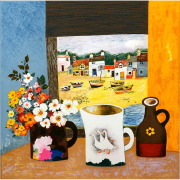 ブレンダ・キング　Brenda King 「3羽のアヒル」　オリジナル・リトグラフ 　花、アヒルのマグカップ、海辺の町が描かれた風景画