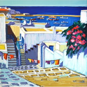 キリチ　エーゲ海の眺め　リトグラフ　海の風景画　ギリシアの街ミコノスが描かれています