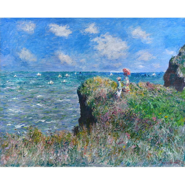 モネ　プールヴィルの断崖の上の散歩　複製画　ピエゾグラフ　版画　原画所蔵シカゴ美術館　海風を感じられる優しい色使いの風景画