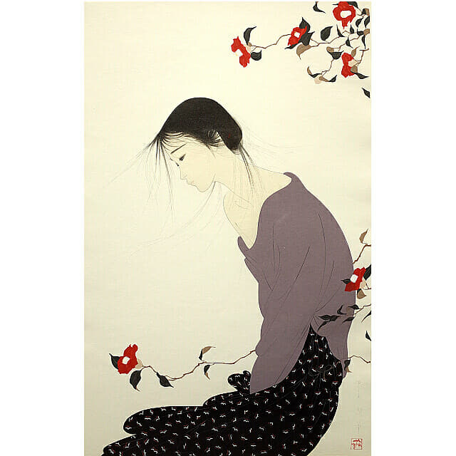 中島潔「風のかおり」。やわらかな風に身をまかせて立つ女性。木には赤い花が咲いている。