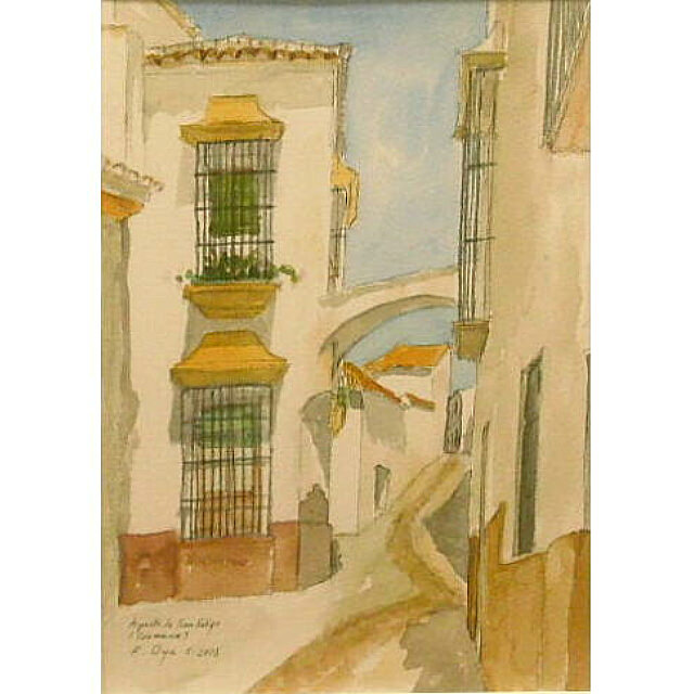 大矢邦昭の水彩、アーチ。スペイン南部・カルモーナの旧市街。白壁の家には、砦のなごりの橋がかかっている。