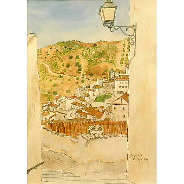 大矢邦昭の水彩、アルマチャール。南スペインの山間の村。階段の下に白い家々が立ち並んでいる。