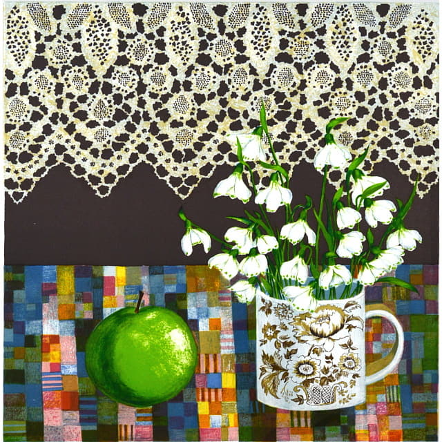 ブレンダ・キング　Brenda King 「ユキノハナ」　オリジナル・リトグラフ 　スノードロップの花がマグカップに活けられた可愛い静物画