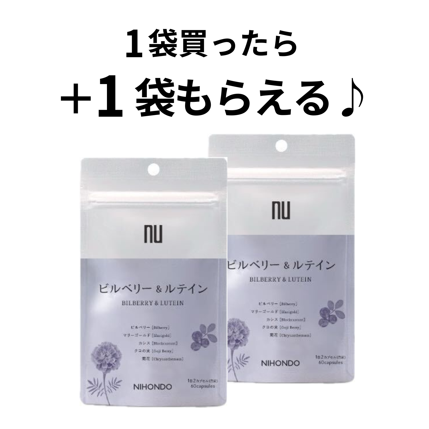 〈1袋買ったらもう1袋！〉ビルベリー&ルテイン 60カプセル [賞味期限:2026/9]
