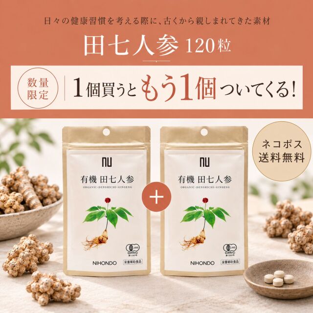 有機田七人参サプリ 120粒 粉末100％ 錠剤タイプ 有機JAS認証 国内加工