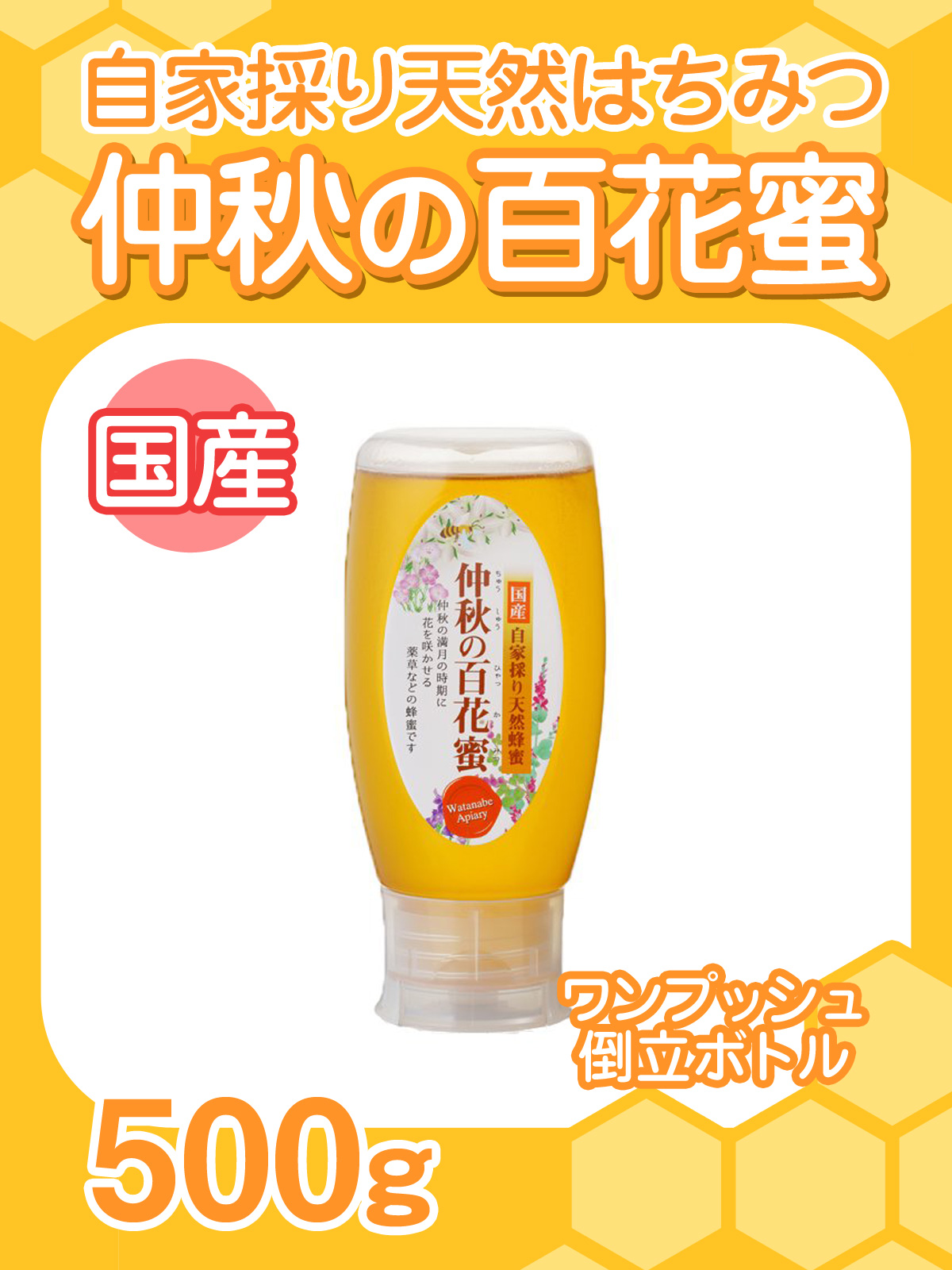 ★単品★『自家採り国産天然はちみつ/仲秋の百花蜜500gワンプッシュ倒立ボトル』