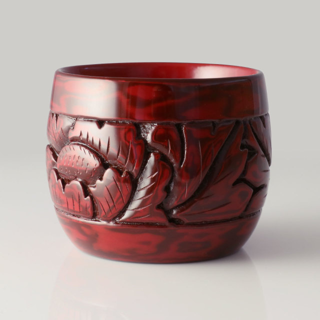 藤井漆工］村上堆朱 ぐい呑 牡丹唐草 研出塗［藤井Gui研出牡丹唐草］