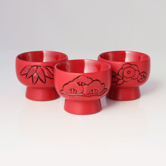 藤井漆工］村上堆朱 ぐい呑 松竹梅3個セット［藤井Gui松竹梅］