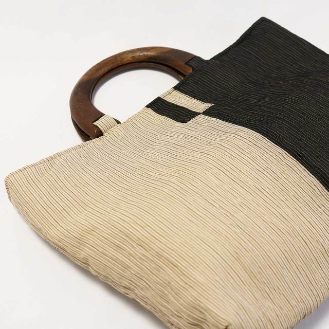 IONO 小千谷縮布 バッグ 縞 黒ベージュ