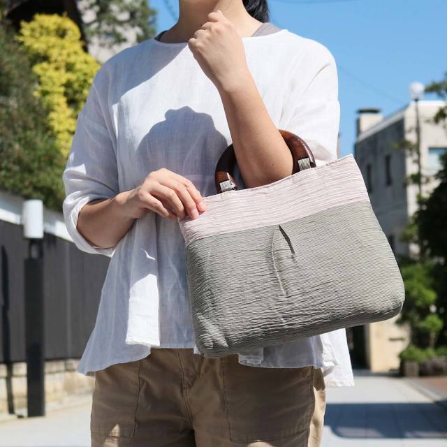 小千谷縮布 トートバッグ 縞 グリーンピンク