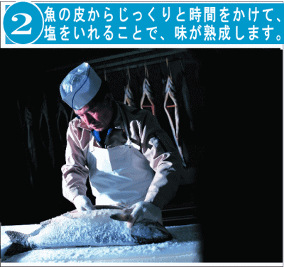 鮭の皮から塩をするこむ
