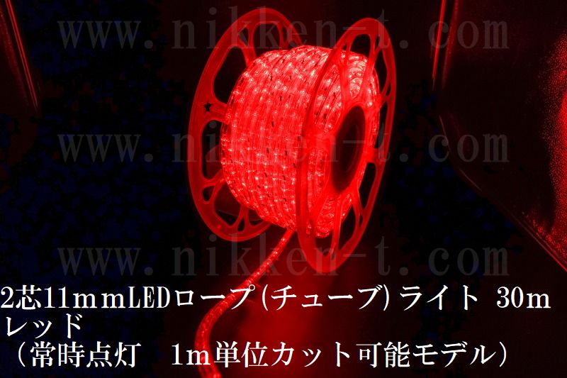 長さ３０ｍ　２芯１１ｍｍＬＥＤチューブライト　レッド　常点コード３本付
