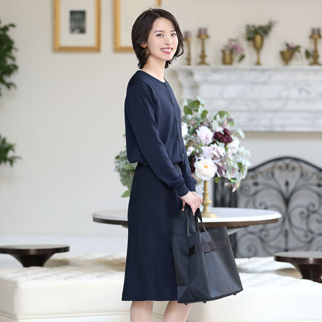 カーディガン レディース 濃紺 紺 長袖 クルーネック お受験スーツ用