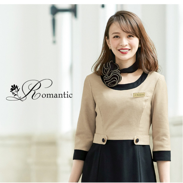 事務服 ワンピース レディース 制服 仕事服 美容 医療 オフィス 会社 受付 大きいサイズ 5号 7号 9号 11号 13号 15号 おしゃれ かわいい 上品 ショールーム バスガイド コンパニオン エステ ユニフォーム ストレッチ ベージュ 黒 ブラック Enjoie アンジョア Jj 615