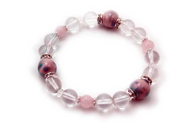 有田焼と天然石のブレスレット(Arvo) 三つ玉釉彩ピンクブルー水晶ローズクォーツ
