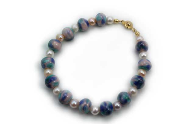 有田焼磁器玉パールブレスレット 釉薬ピンクブルー
