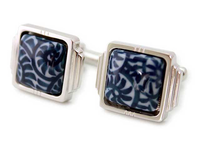 純銀製 有田焼 カフスボタン 染付たこ唐草