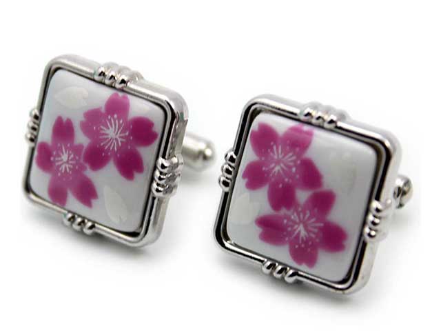 有田焼カフスボタン 桜 角型