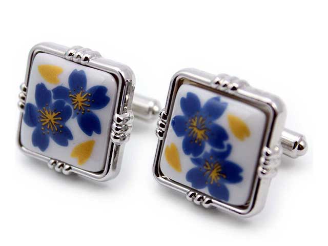 有田焼カフスボタン ブルー桜 角型