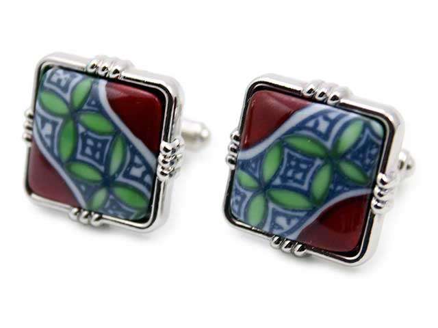 有田焼カフスボタン 染錦赤七宝 角型