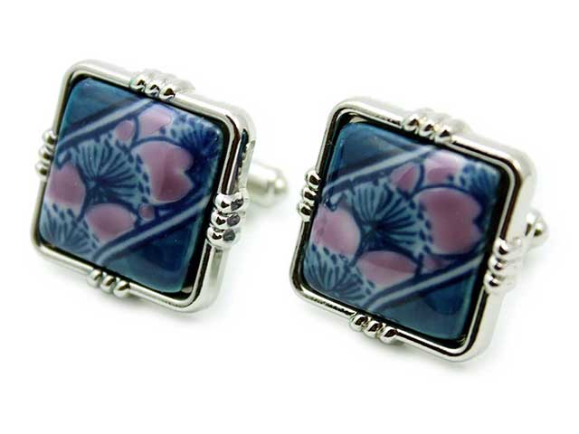 有田焼カフスボタン 染錦流れ桜 角型