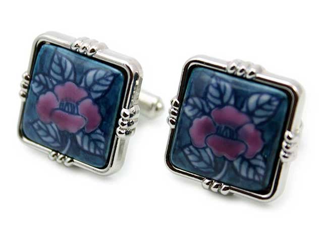 有田焼カフスボタン 染錦牡丹 角型