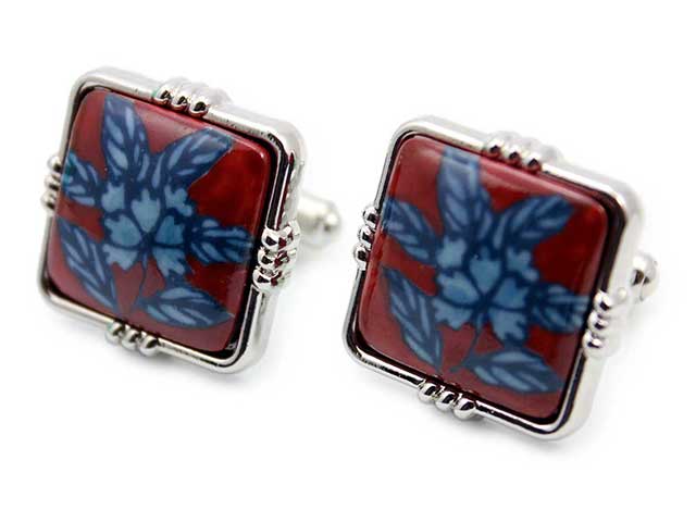 有田焼カフスボタン 錦赤だみ花 角型