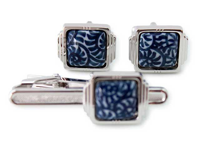 純銀製有田焼カフスタイピンセット 染付たこ唐草