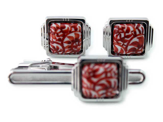 純銀製有田焼カフスタイピンセット 錦赤たこ唐草