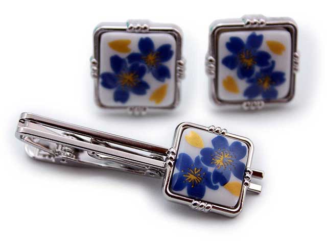 有田焼カフスタイピンセット ブルー桜 角型