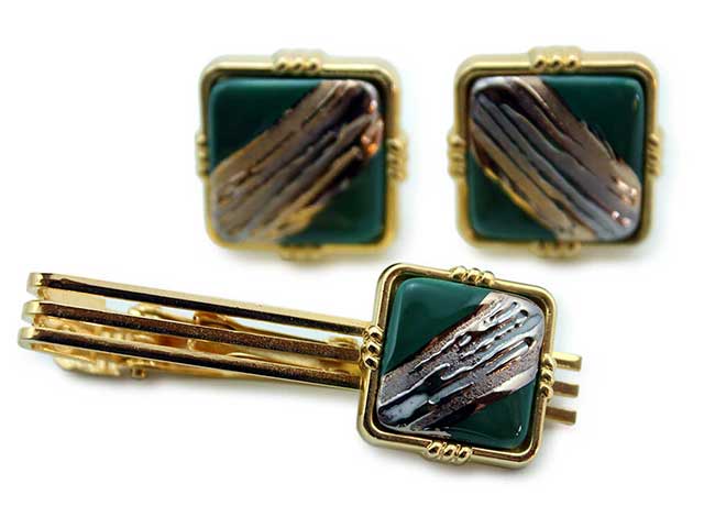 有田焼カフスタイピンセット 流星グリーン 角型