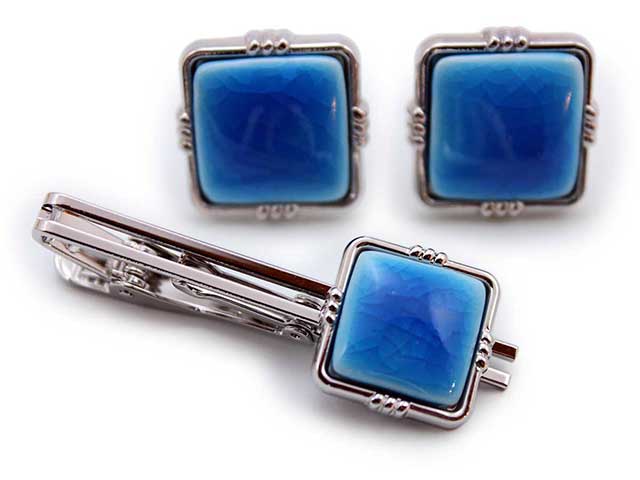 有田焼カフスタイピンセット スカイブルー 角型