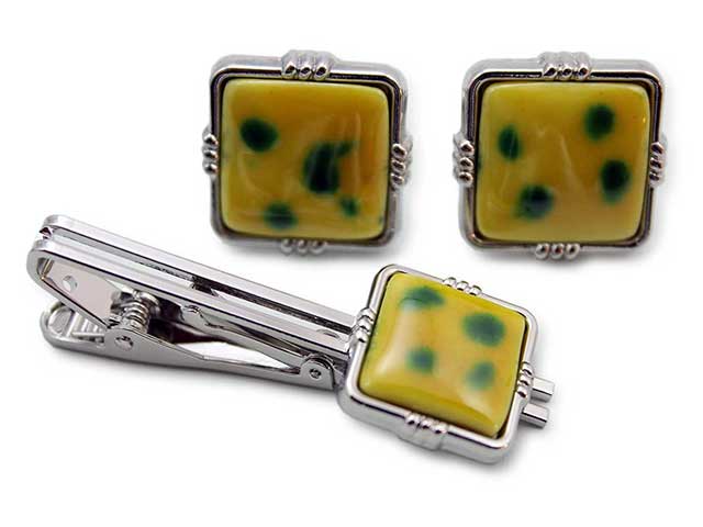 有田焼カフスタイピンセット 黄グリーン 角型