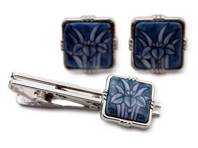 有田焼カフスタイピンセット 染付アヤメ 角型