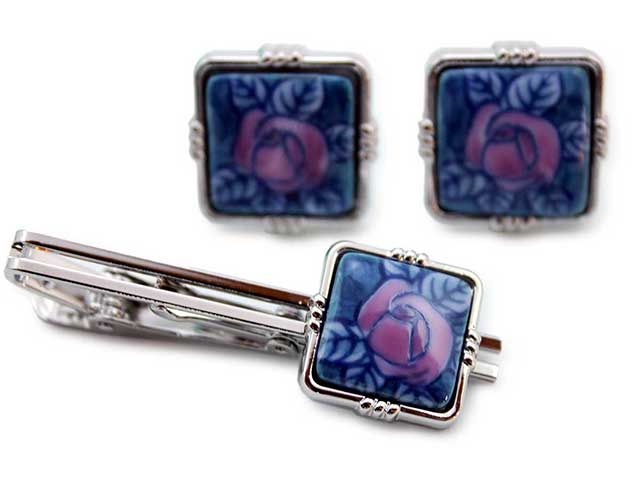 有田焼カフスタイピンセット 染錦薔薇 角型