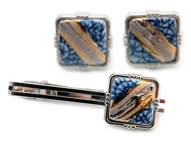 有田焼カフスタイピンセット 流星たこ唐草 角型