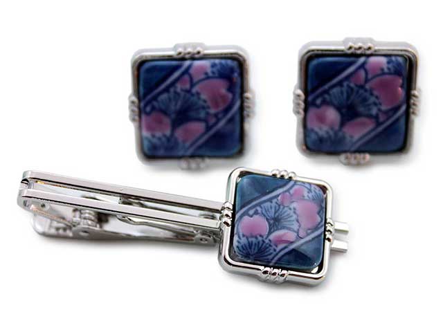 有田焼カフスタイピンセット 染錦流れ桜 角型
