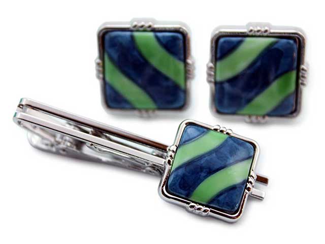 有田焼カフスタイピンセット 染錦グリーンライン 角型