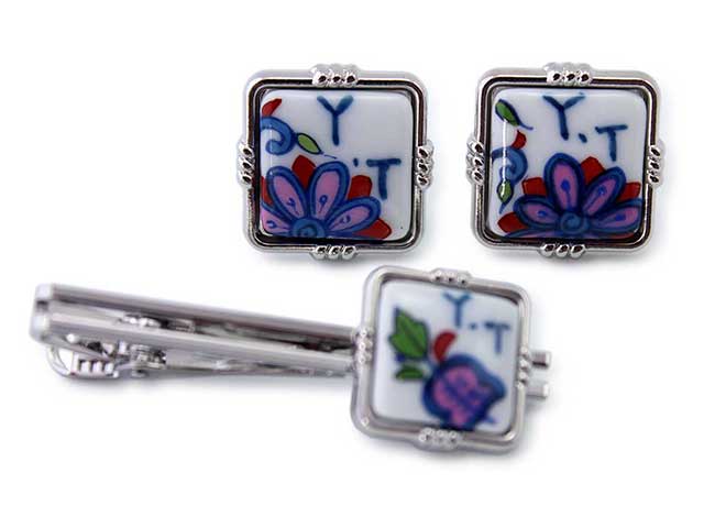 有田焼カフスタイピンセット 名前入 花唐草 角型
