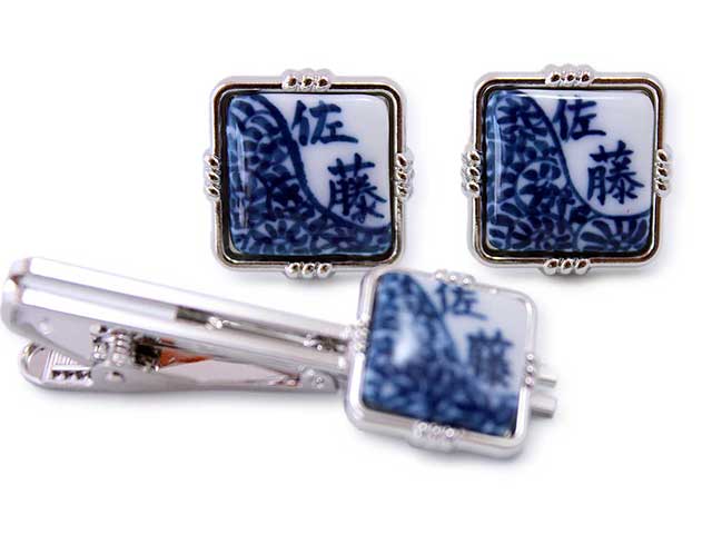 有田焼カフスタイピンセット 名前入 たこ唐草 角型