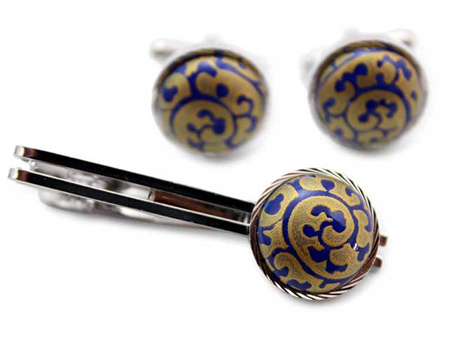有田焼カフスタイピンセット るり金唐草 丸型