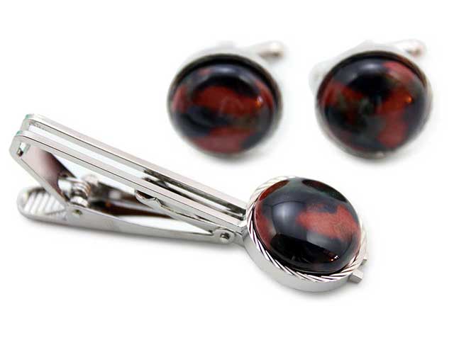 有田焼カフスタイピンセット 赤あずき 丸型