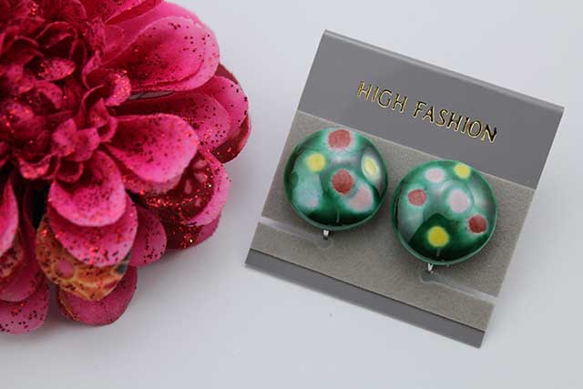 有田焼イヤリング グリーン水玉