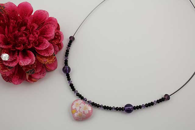 有田焼ハート天然石ペンダント(Arvo) ピンク桜紋様アメジスト