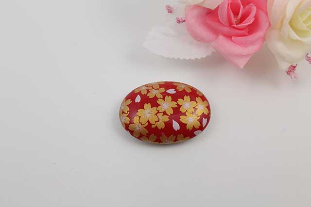 有田焼帯留 赤金桜 楕円型