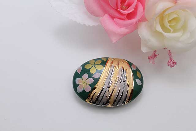 有田焼帯留 流星緑桜吹雪(ピンク) 楕円型