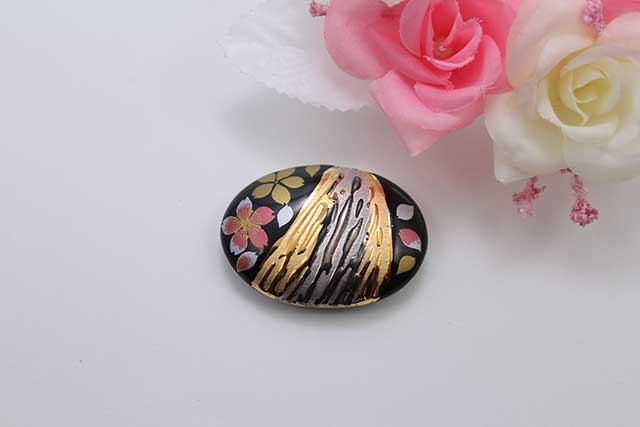 有田焼帯留 流星黒桜吹雪(赤) 楕円型