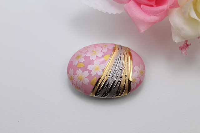 有田焼帯留 流星ピンク銀桜 楕円型